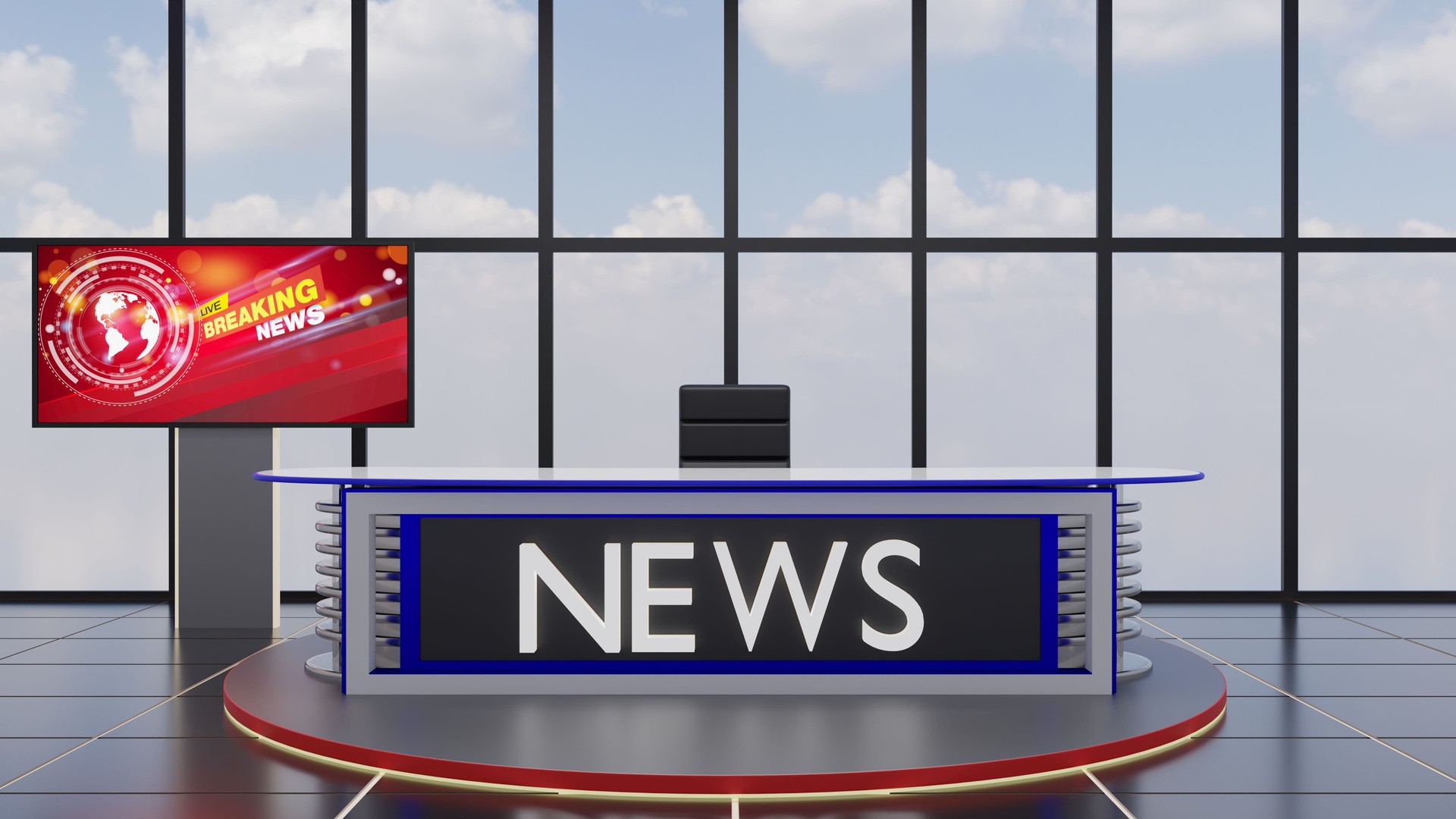 white table and led background in a news studio room.3d rendering.