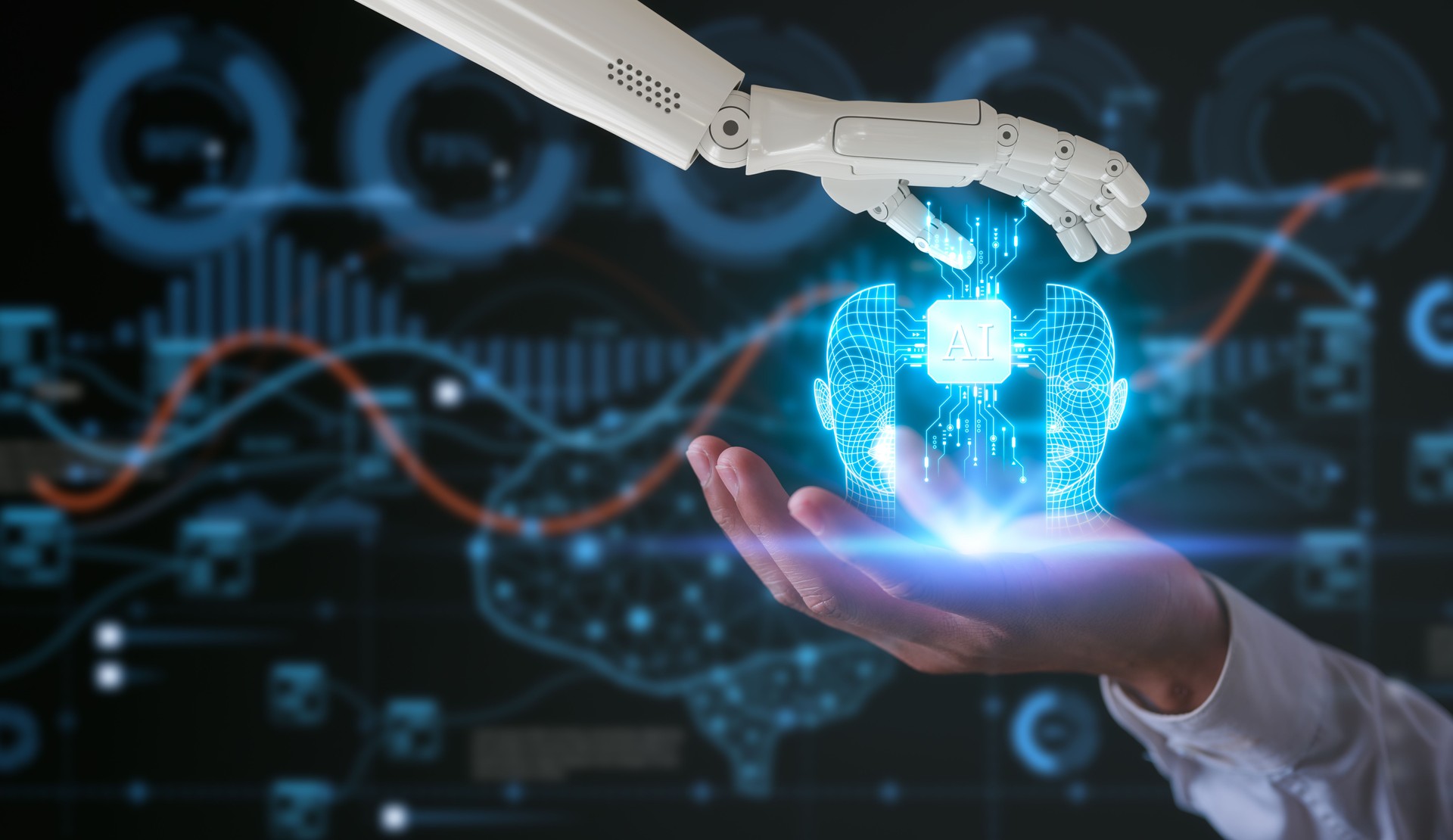 artificial intelligence AI tech concept, robot hand and man hand holding virtual ai icon on blurred ai technology background